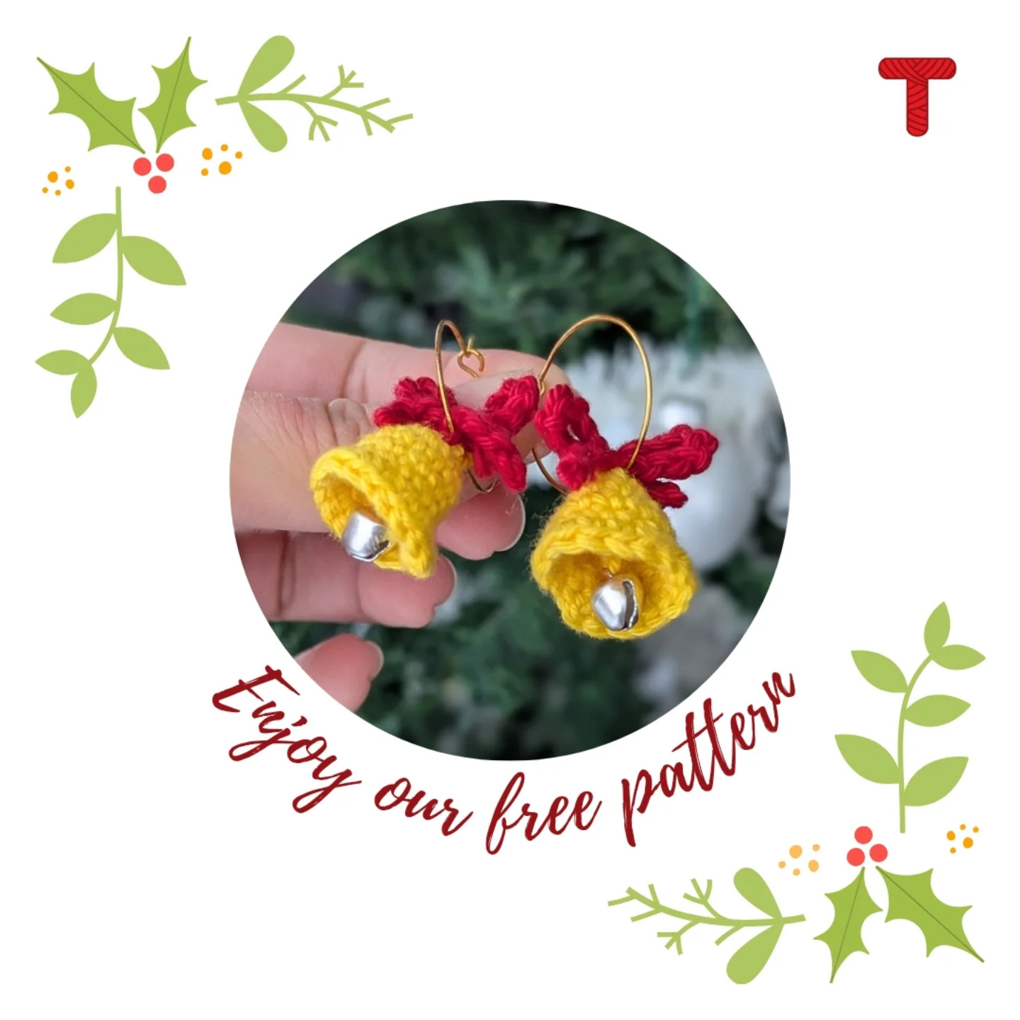 Free Crochet Pattern for Cute Christmas Bell Earrings with Red Bow