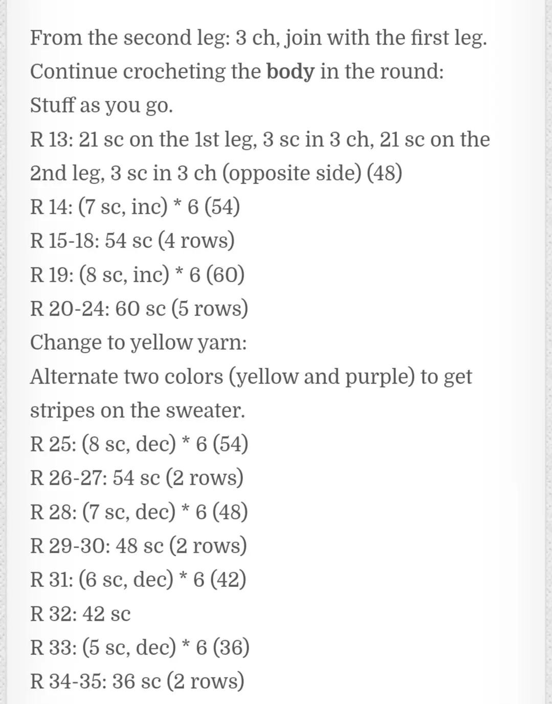 Free Crochet Pattern for Cute Grey Rabbit Amigurumi with Yellow and Purple Striped Sweater