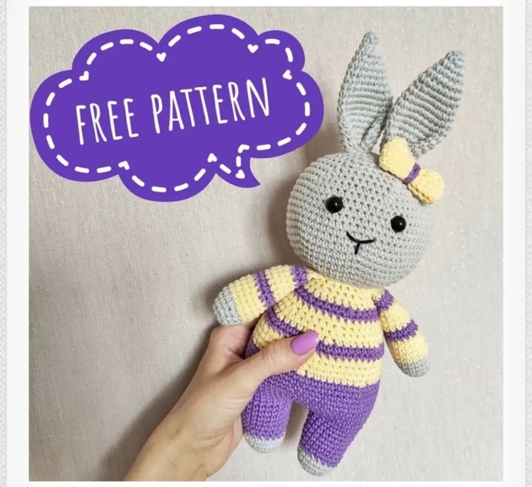 Free Crochet Pattern for Cute Grey Rabbit Amigurumi with Yellow and Purple Striped Sweater