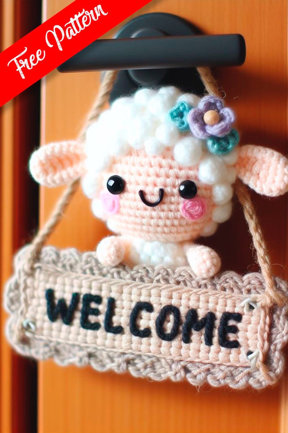 Free Crochet Pattern for Cute Lamb Welcome Sign with Floral Accent