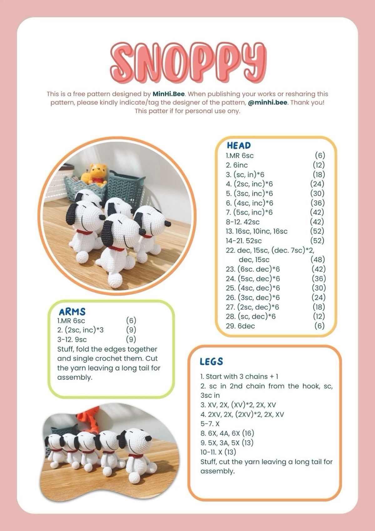 Free Crochet Pattern for Cute Snoopy Amigurumi Dog