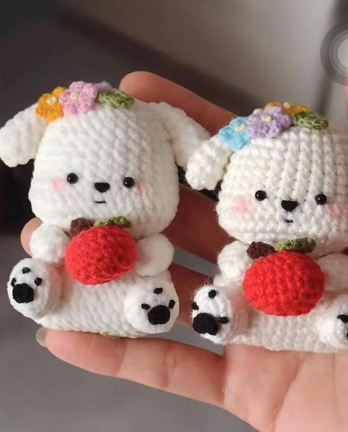 Free Crochet Pattern for Cute White Puppy Amigurumi with Flower and Apple