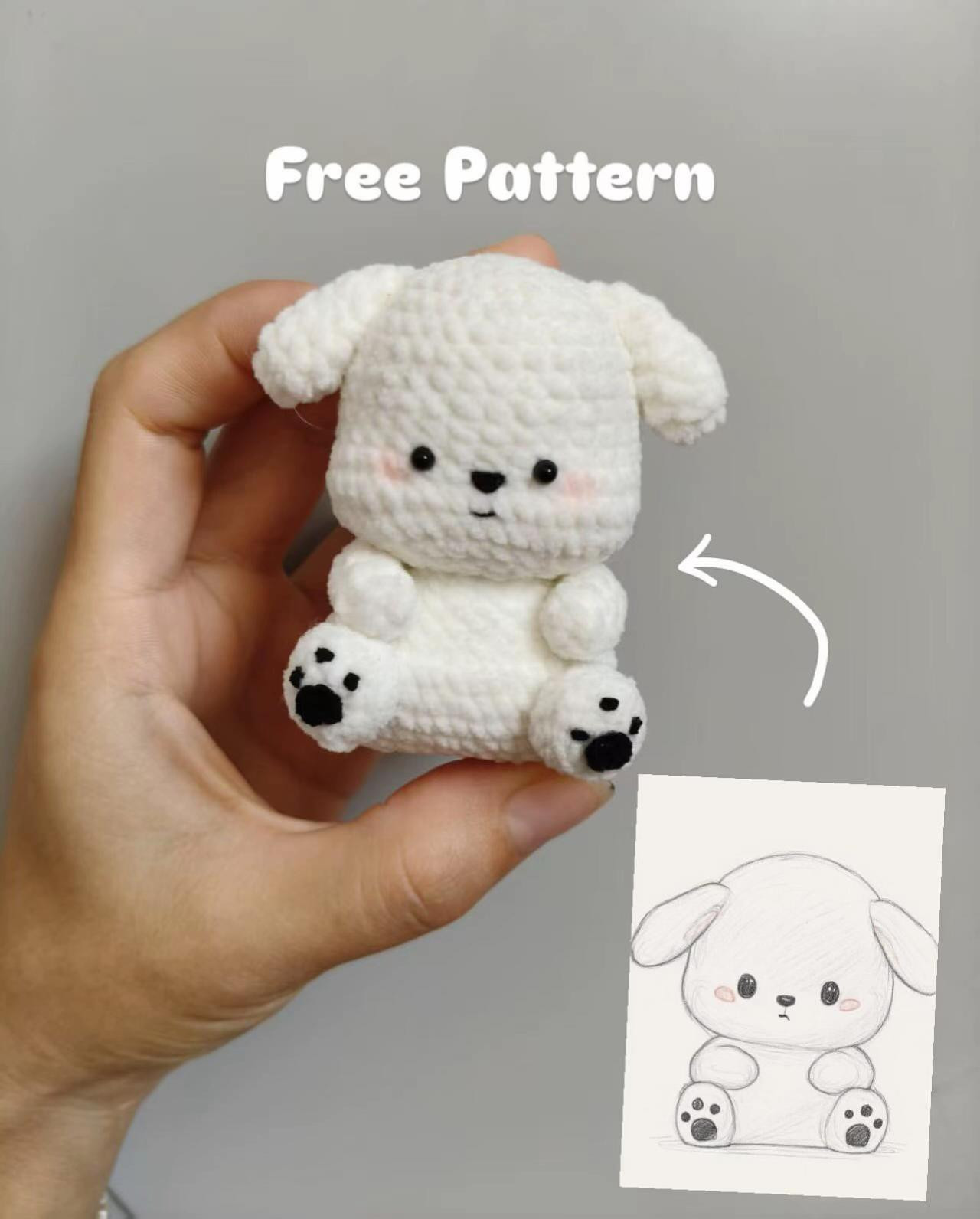 Free Crochet Pattern for Cute White Puppy Amigurumi with Flower and Apple