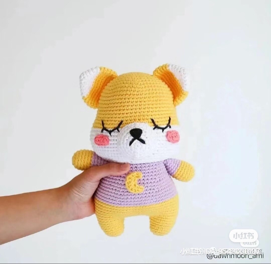Free Crochet Pattern for Cute Yellow Fox Amigurumi Doll with Purple Moon Shirt and Sleeping Eyes