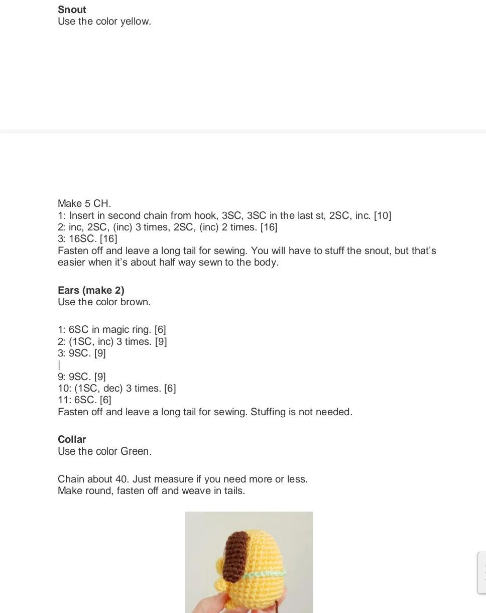 Free Crochet Pattern for Cute Yellow Pluto Amigurumi Keychain with Brown Ears and Green Collar