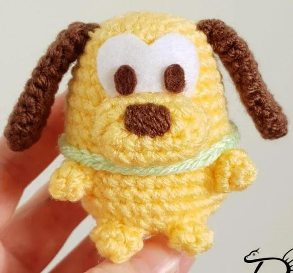 Free Crochet Pattern for Cute Yellow Pluto Amigurumi Keychain with Brown Ears and Green Collar