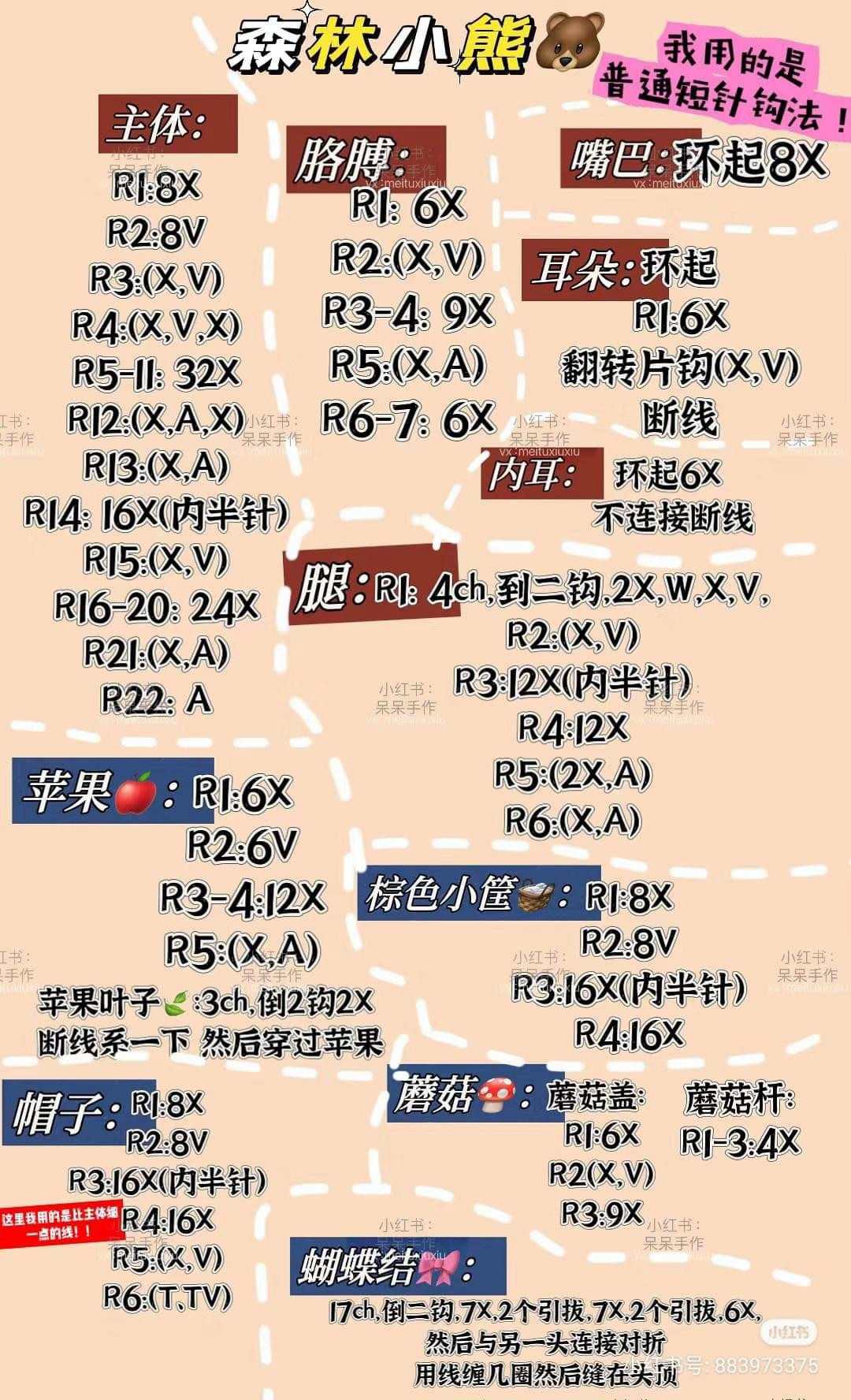 Free Crochet Pattern for Forest Teddy Bear Amigurumi with Apple and Mushroom Accessories