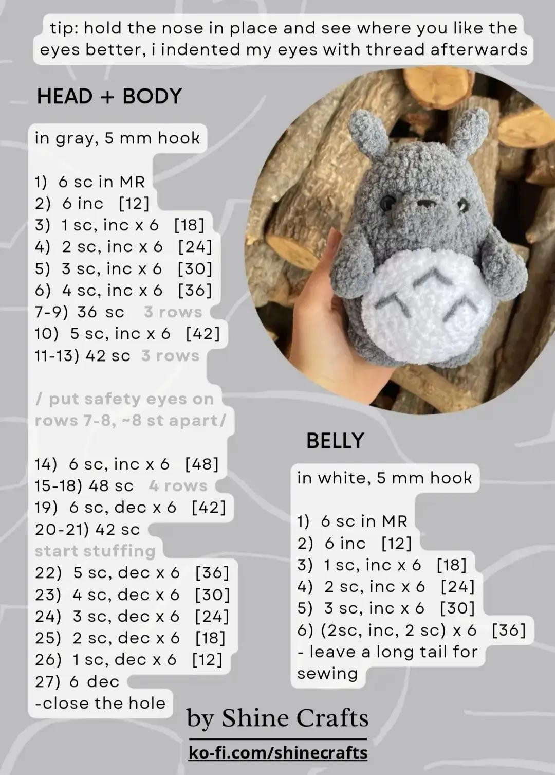 Free Crochet Pattern for Gray and White Totoro Amigurumi Doll