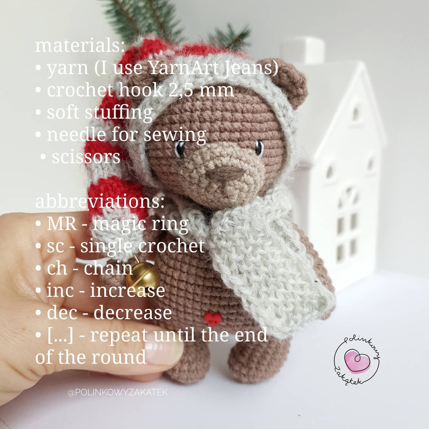 Free Crochet Pattern for Mini Tulek Bear in Christmas Hood and Scarf