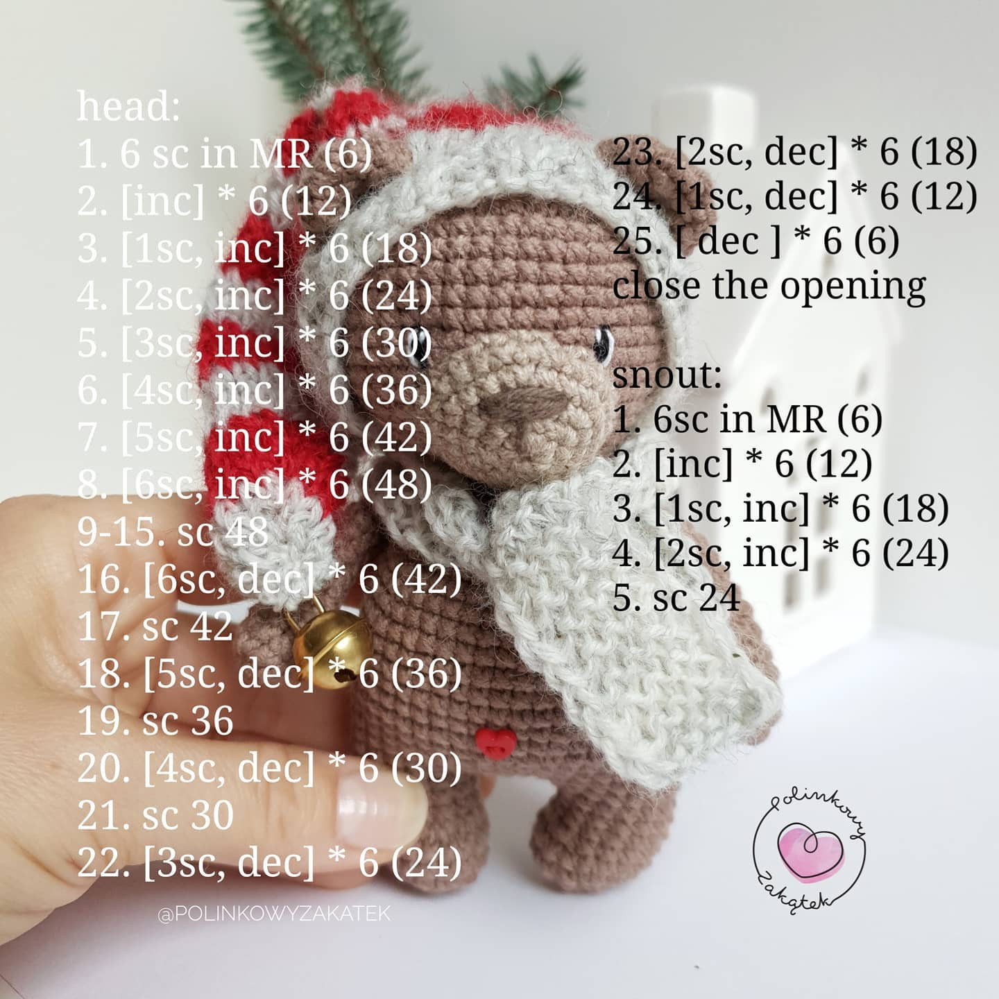 Free Crochet Pattern for Mini Tulek Bear in Christmas Hood and Scarf