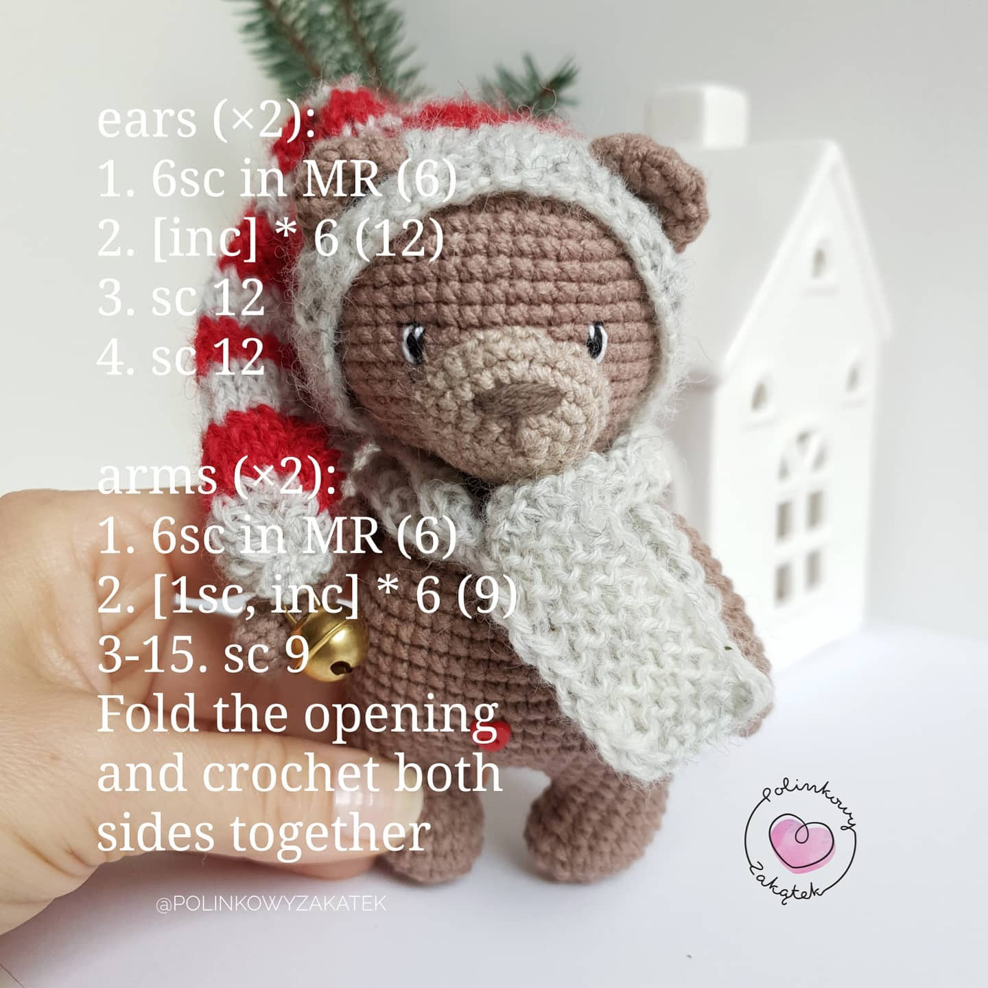 Free Crochet Pattern for Mini Tulek Bear in Christmas Hood and Scarf
