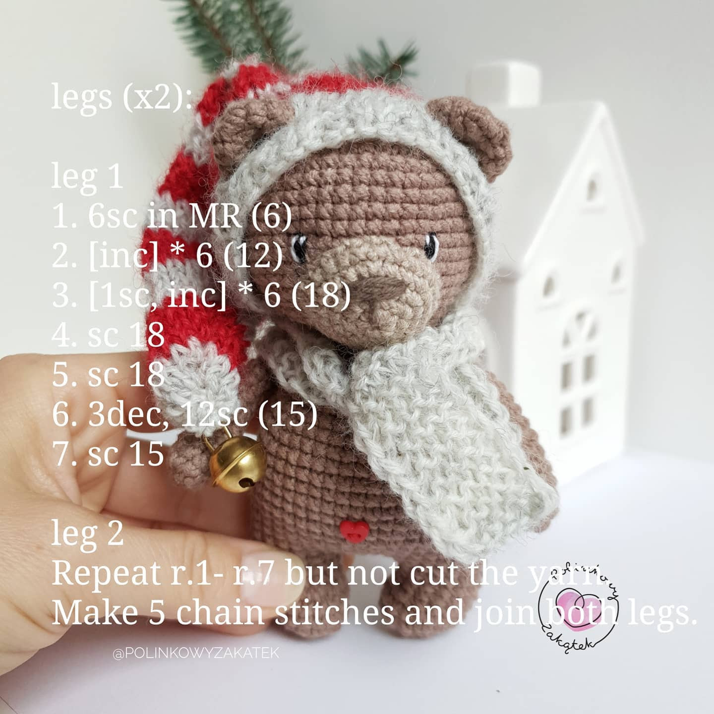 Free Crochet Pattern for Mini Tulek Bear in Christmas Hood and Scarf