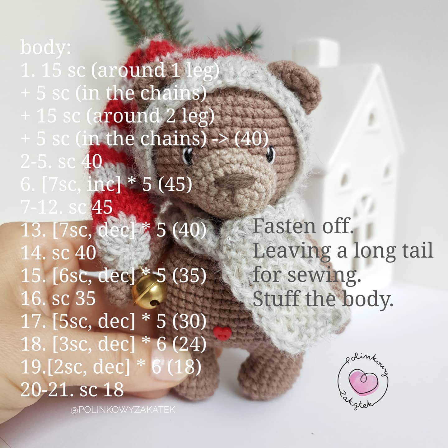 Free Crochet Pattern for Mini Tulek Bear in Christmas Hood and Scarf