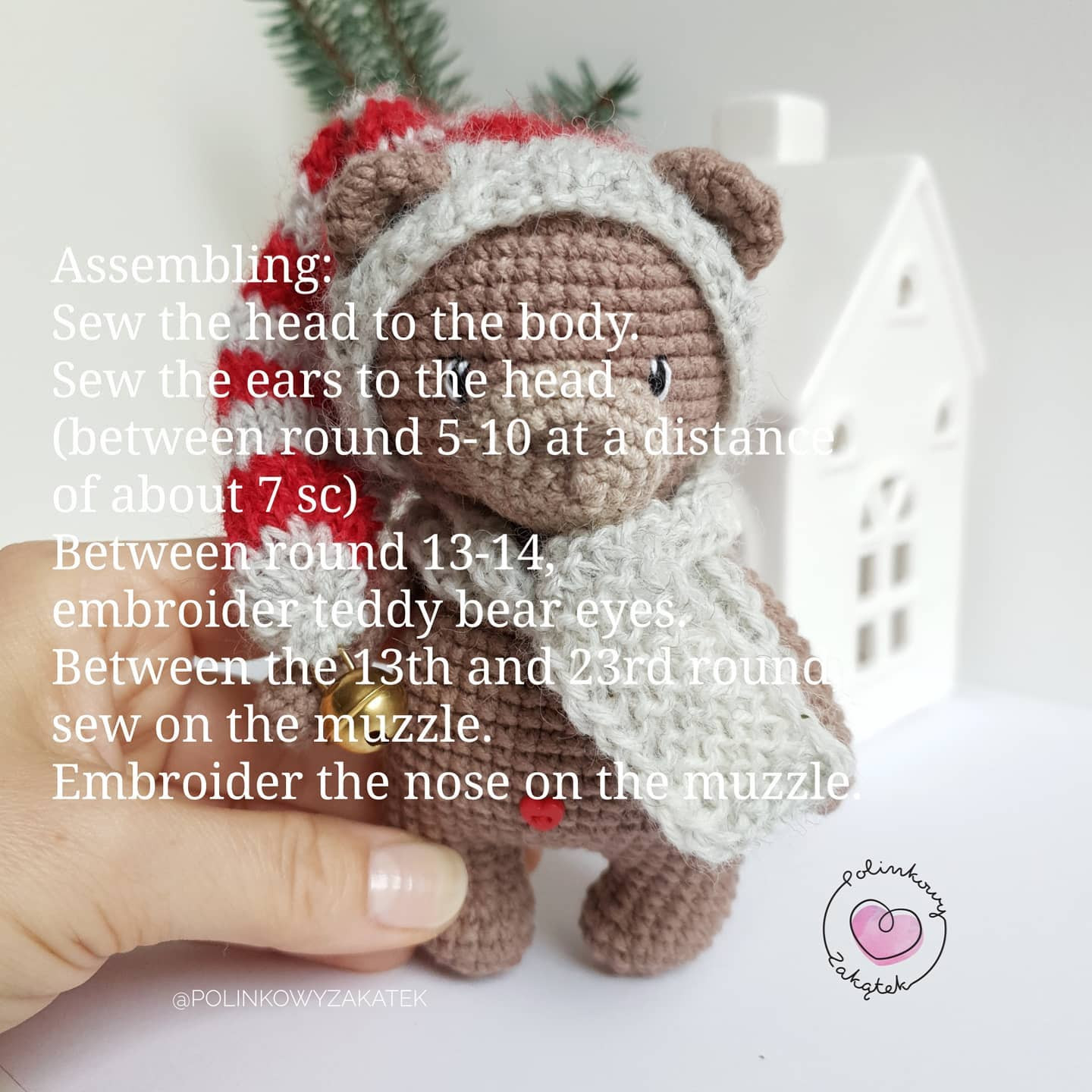Free Crochet Pattern for Mini Tulek Bear in Christmas Hood and Scarf