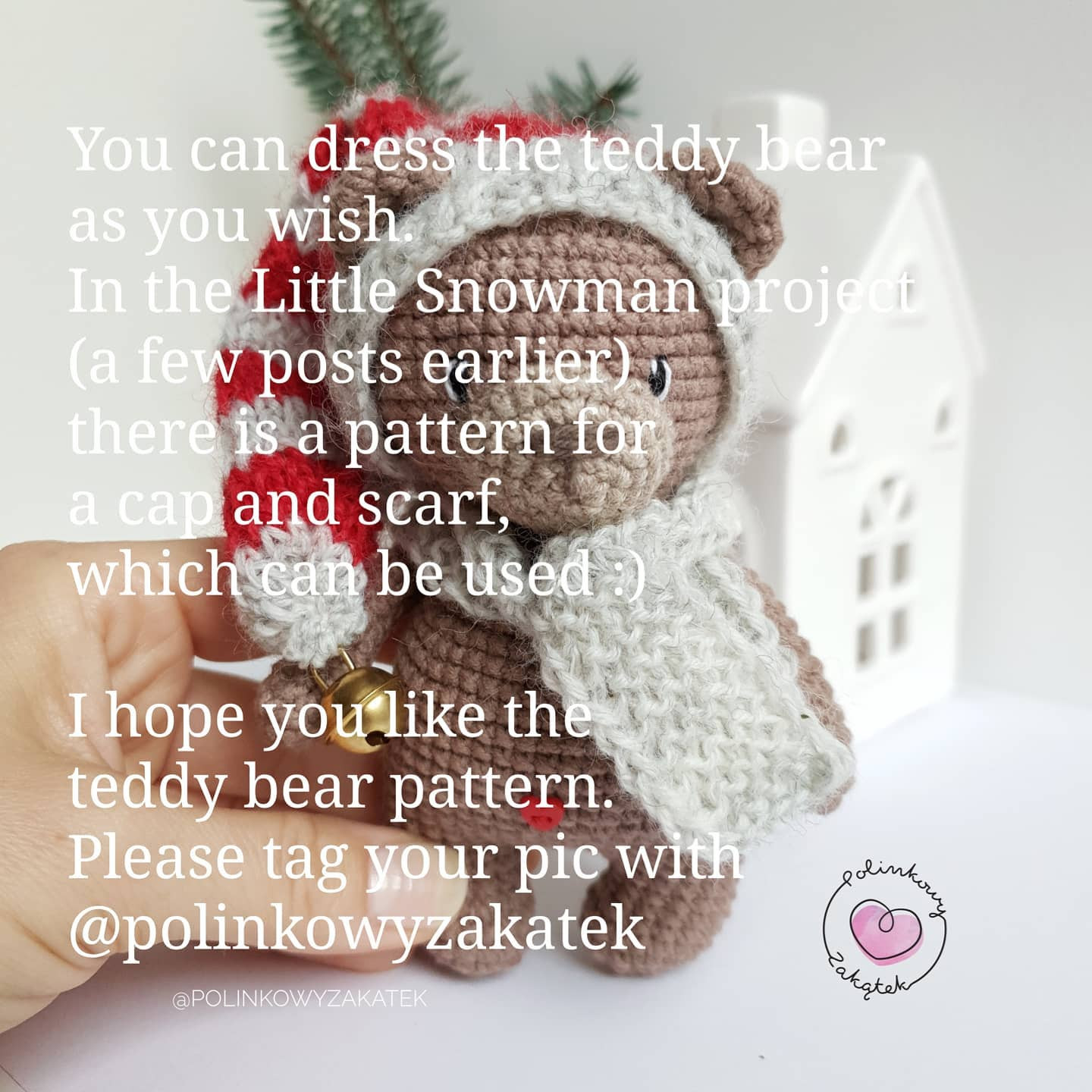 Free Crochet Pattern for Mini Tulek Bear in Christmas Hood and Scarf