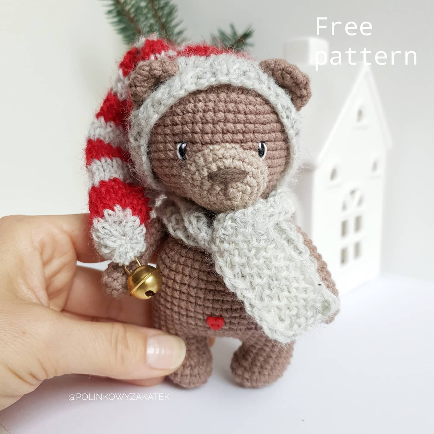 Free Crochet Pattern for Mini Tulek Bear in Christmas Hood and Scarf