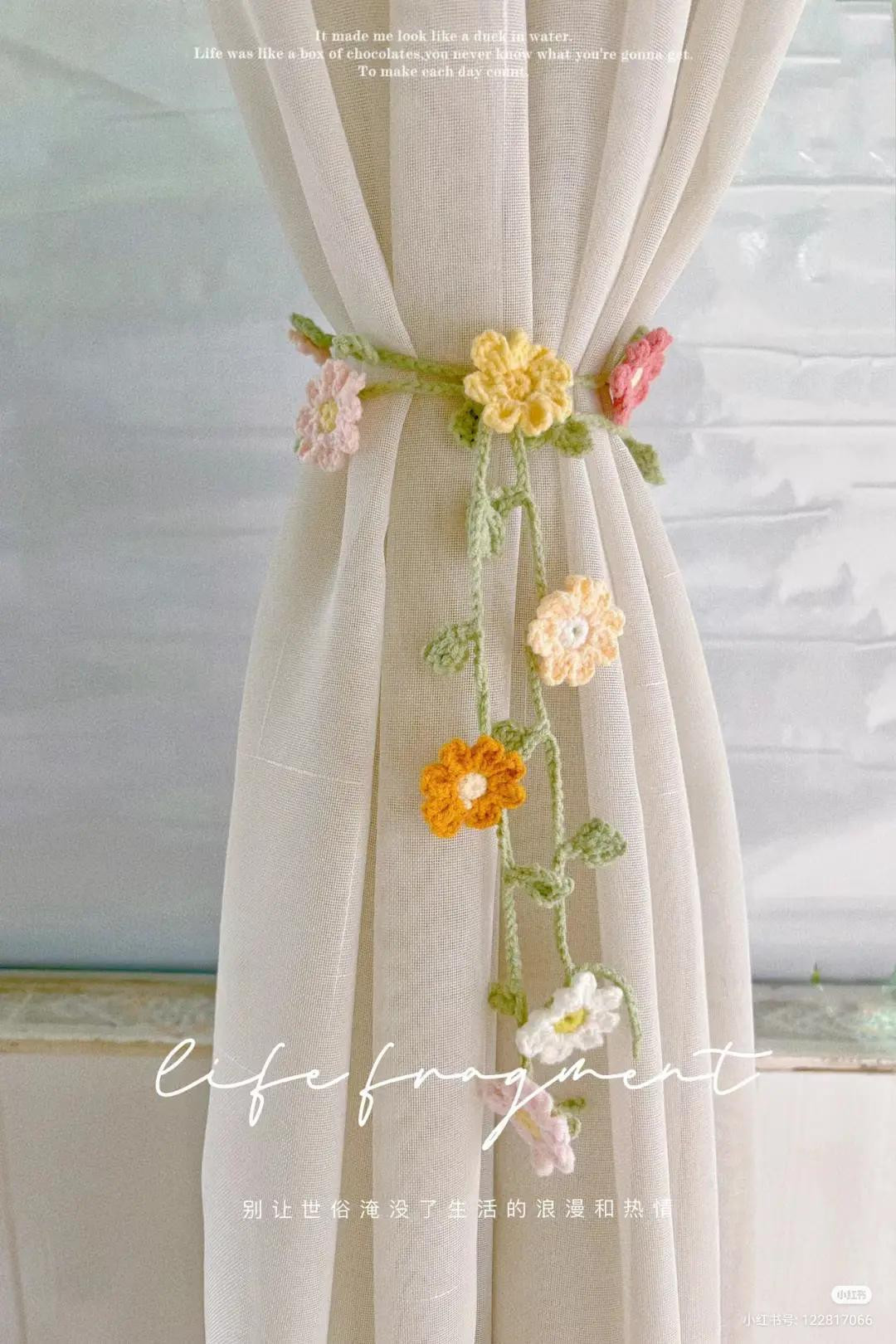 Free Crochet Pattern for Pastel Floral Curtain Tie-Back with Vines and Flowers