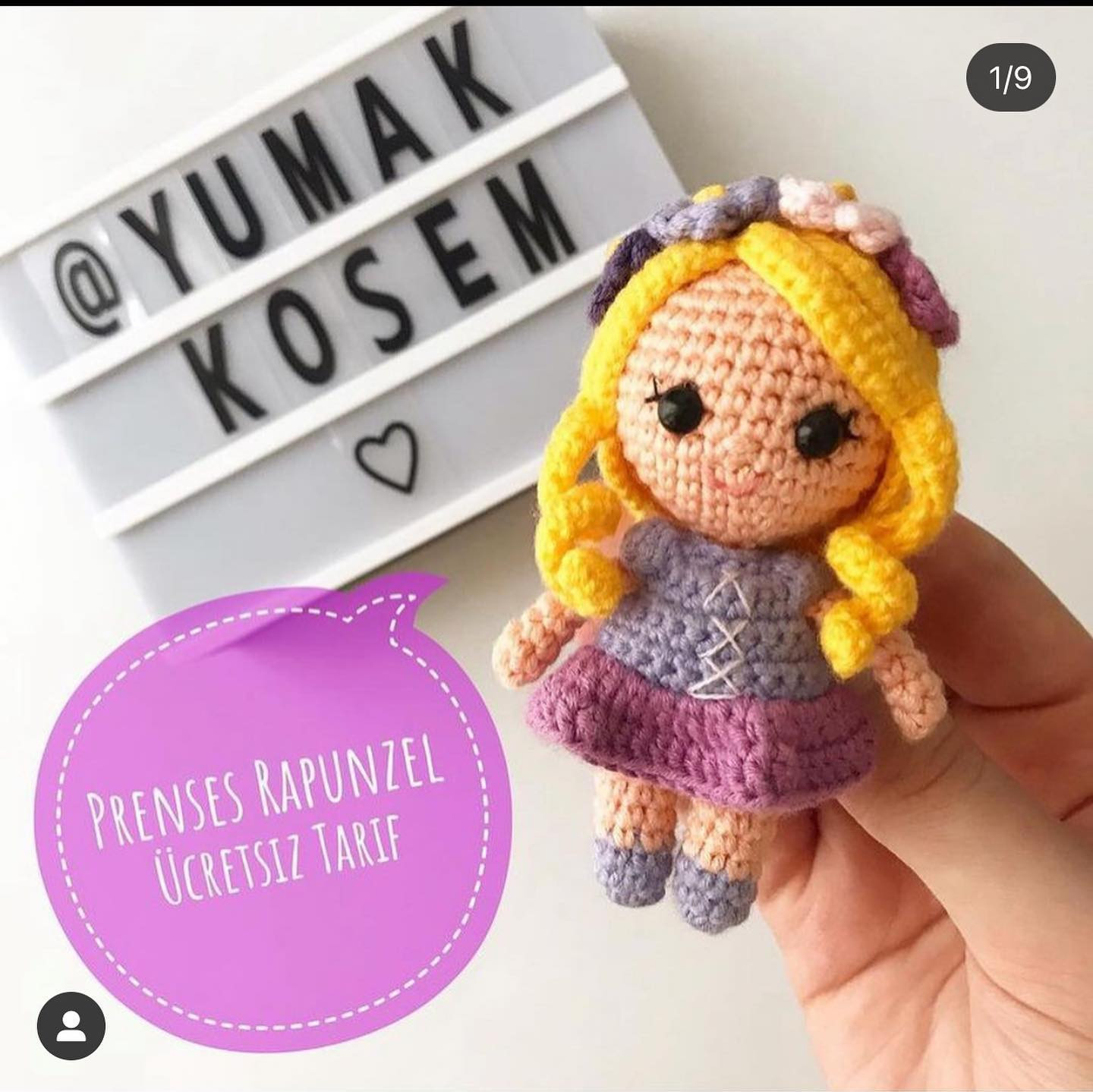 Free Crochet Pattern for Princess Rapunzel Amigurumi Doll with Long Blonde Hair and Purple Dress