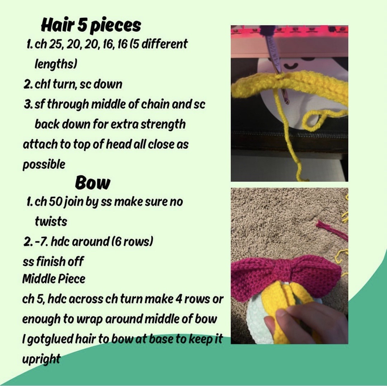 Free Crochet Pattern for Scrump Doll with Bow and Hair