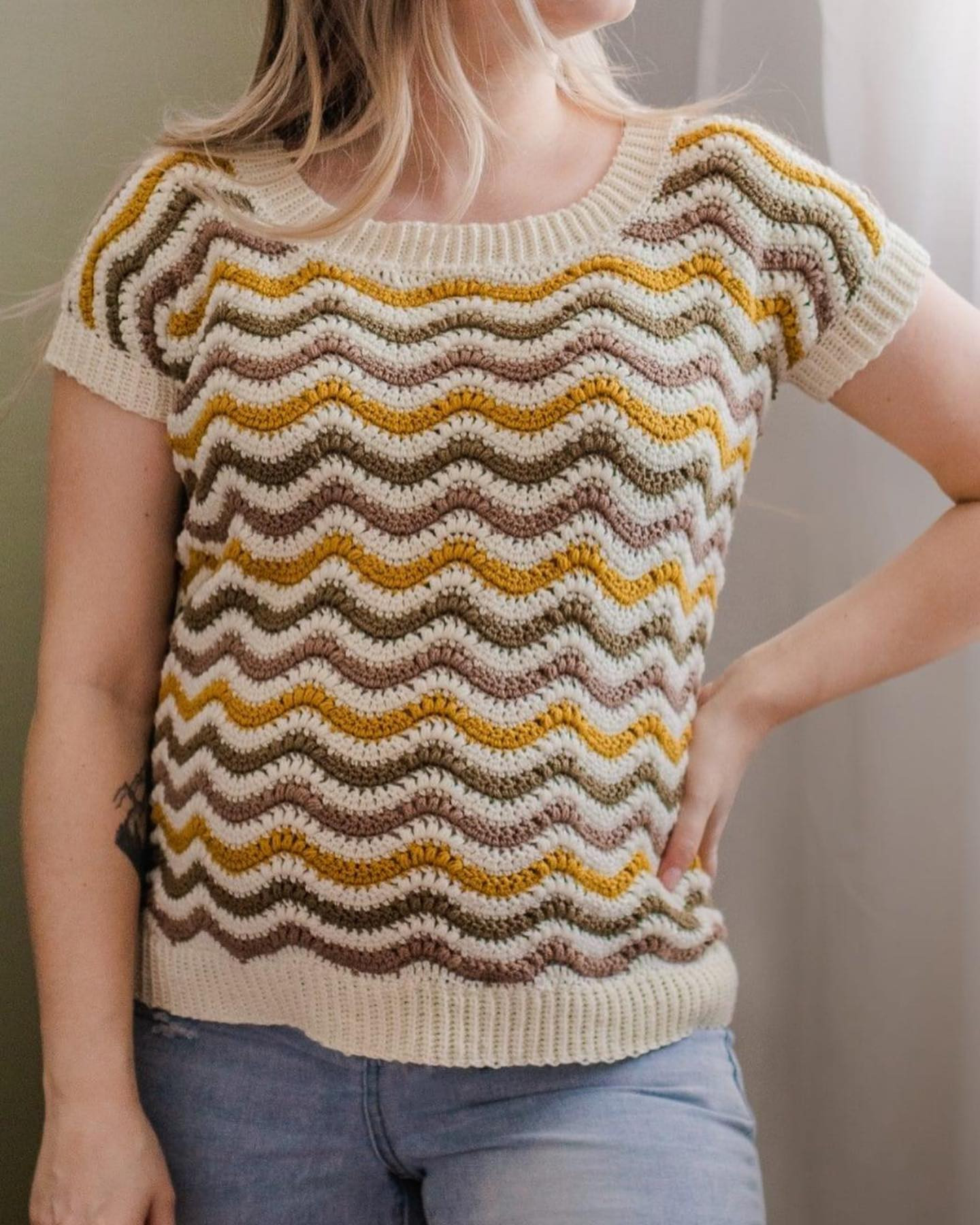 Free Crochet Pattern for Wavy Striped Tee with Sizing Chart and Stitch Guide