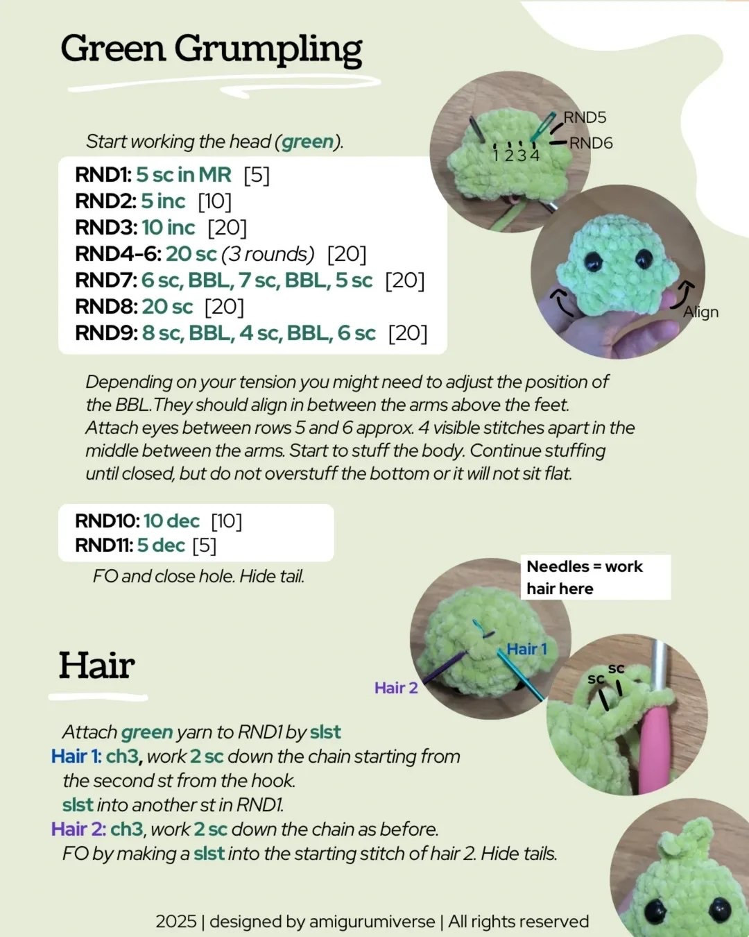 Free Crochet Pattern: Green Grumpling Amigurumi Doll with Bobble Stitch Instructions