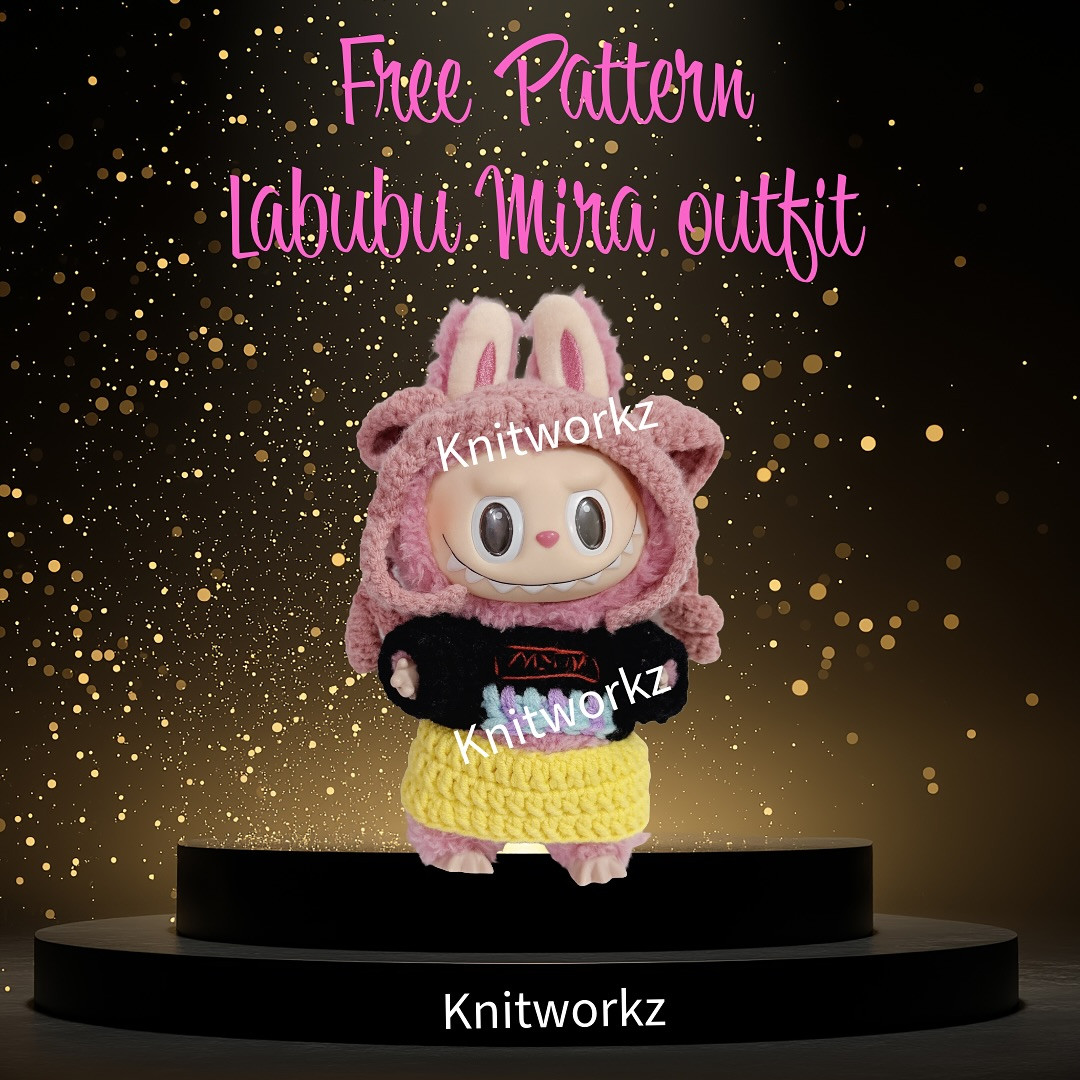 Free Crochet Pattern Labubu Mira Outfit: Pink Hood, Shirt and Skirt
