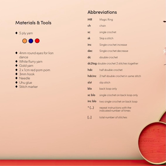 Free Crochet Pattern Lion Dance Hat and Tail with Step-by-Step Instructions