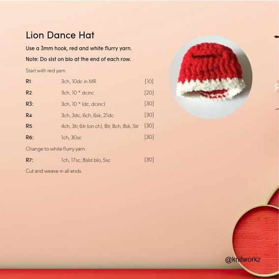 Free Crochet Pattern Lion Dance Hat and Tail with Step-by-Step Instructions