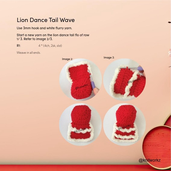 Free Crochet Pattern Lion Dance Hat and Tail with Step-by-Step Instructions