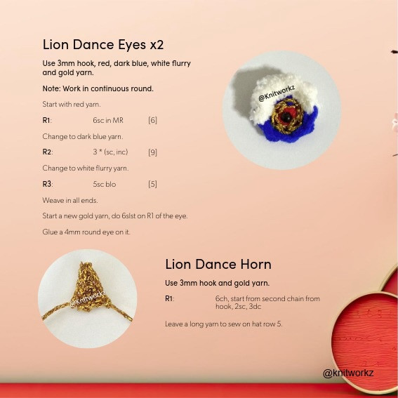 Free Crochet Pattern Lion Dance Hat and Tail with Step-by-Step Instructions