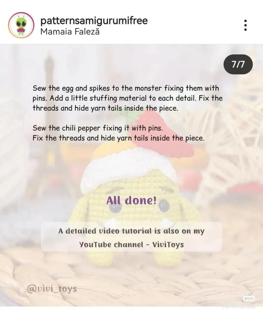 Free Crochet Pattern: Lunch the Monster Amigurumi Doll with Hat and Chili Pepper