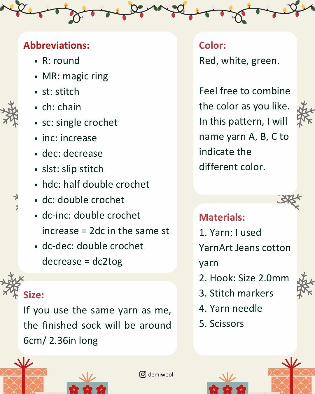 Free Crochet Pattern: Mini Christmas Socks (Red, Green & White) - YarnArt Jeans Cotton Tutorial