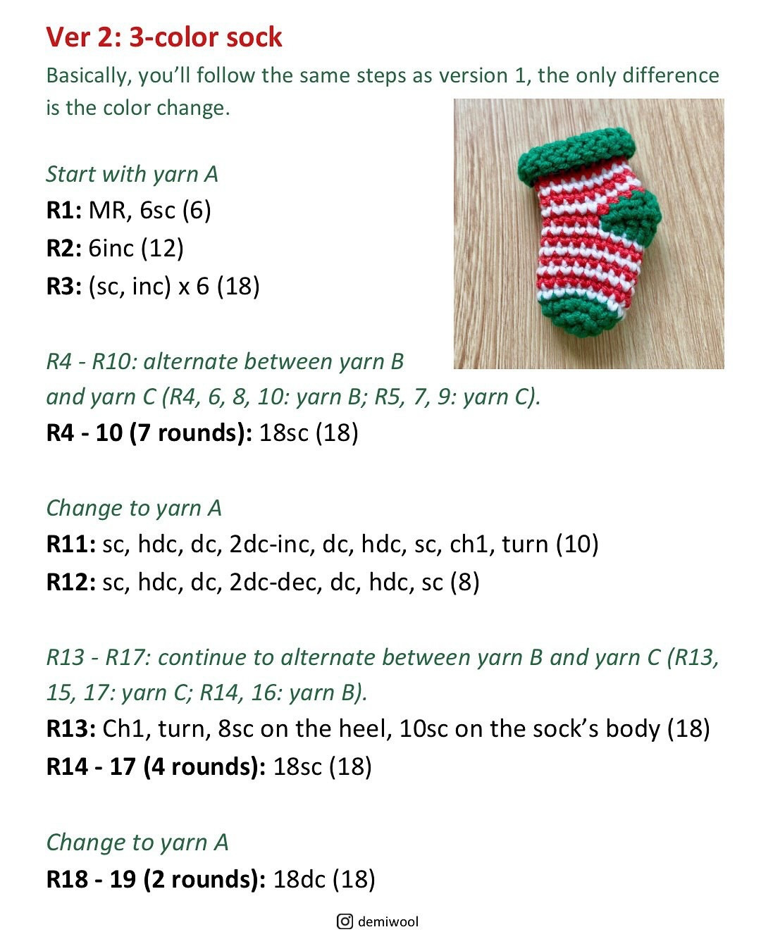 Free Crochet Pattern: Mini Christmas Socks (Red, Green & White) - YarnArt Jeans Cotton Tutorial