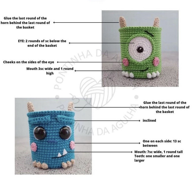 Free Crochet Pattern: Monsters Inc Sully and Mike Amigurumi Baskets