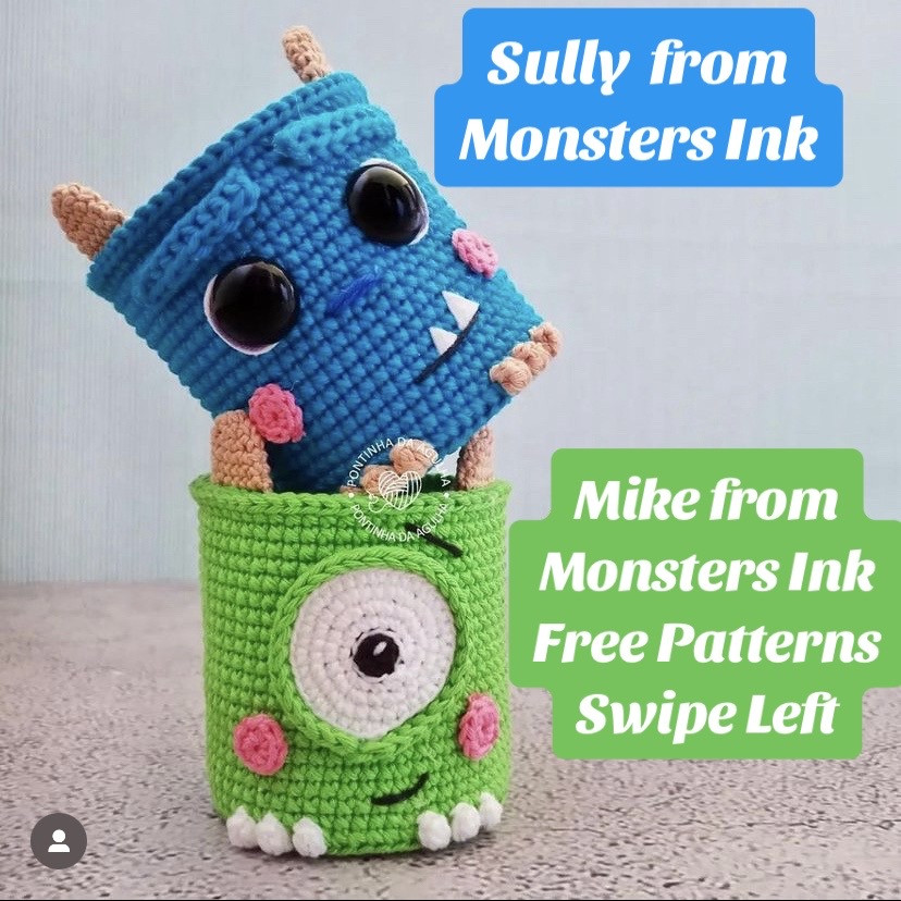 Free Crochet Pattern: Monsters Inc Sully and Mike Amigurumi Baskets