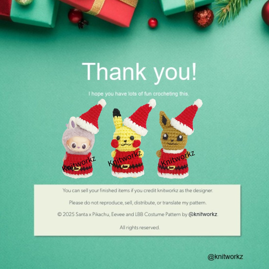 Free Crochet Pattern: Santa x Labubu V4, Pikachu & Eevee Christmas Costume by Knitworkz