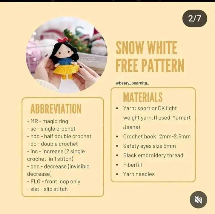 Free Crochet Pattern: Snow White Amigurumi Doll with Detailed Instructions