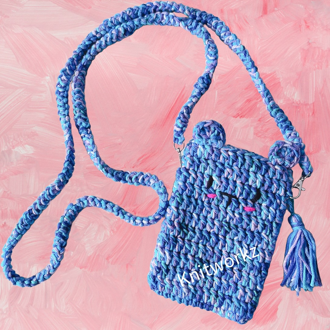 Free Crochet Pattern & Tutorial for Blue Melange Bear HP Pouch with Tassel Charm by Knitworkz