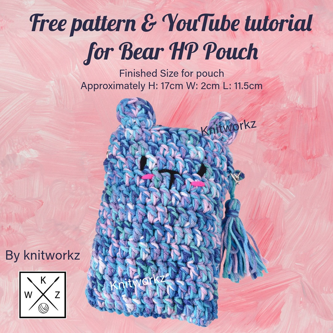 Free Crochet Pattern & Tutorial for Blue Melange Bear HP Pouch with Tassel Charm by Knitworkz