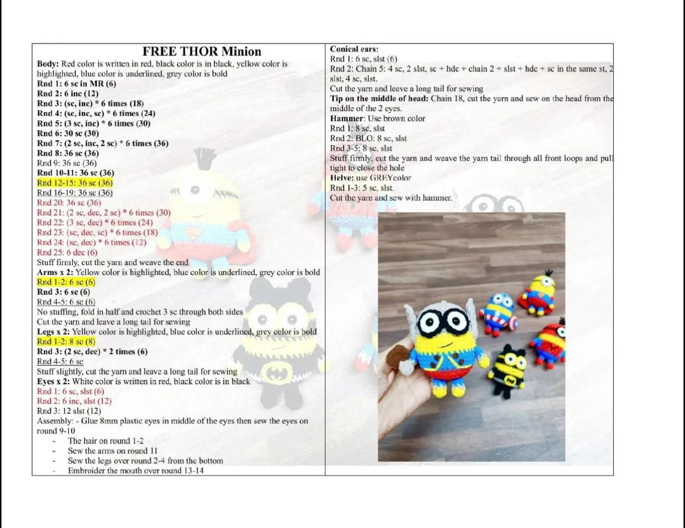 Free Crochet Patterns for Superhero Minions: Thor, Superman, Captain America, Spiderman