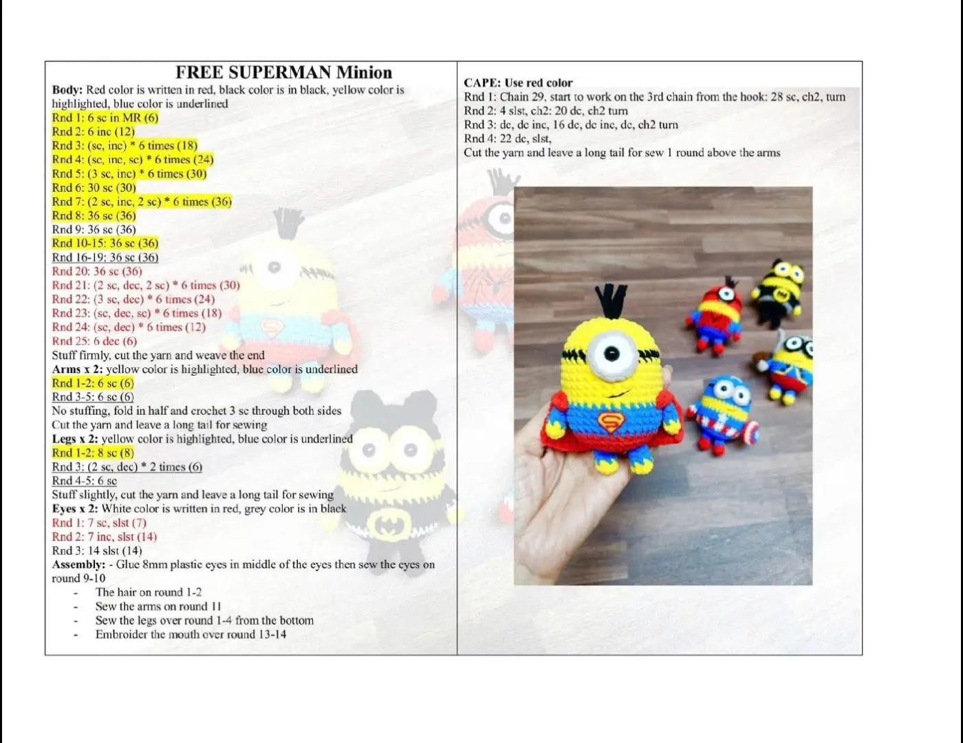 Free Crochet Patterns for Superhero Minions: Thor, Superman, Captain America, Spiderman