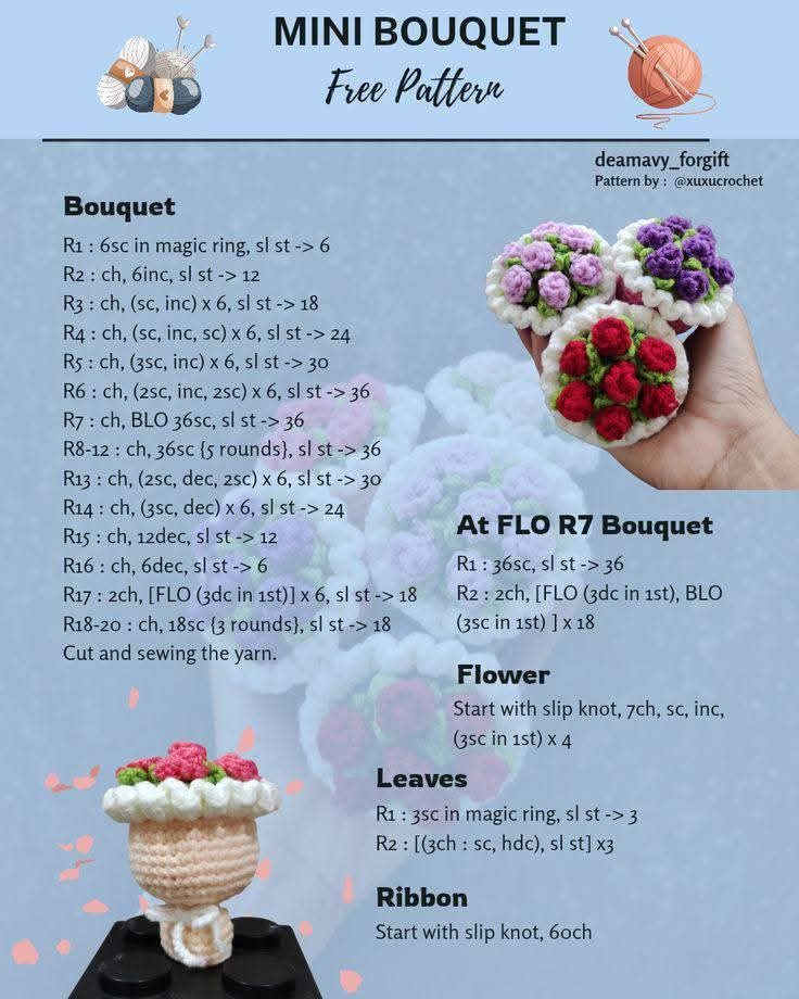 Free Crochet Patterns: Mini Bouquet, Amigurumi Bird Keychain & Cat Doll