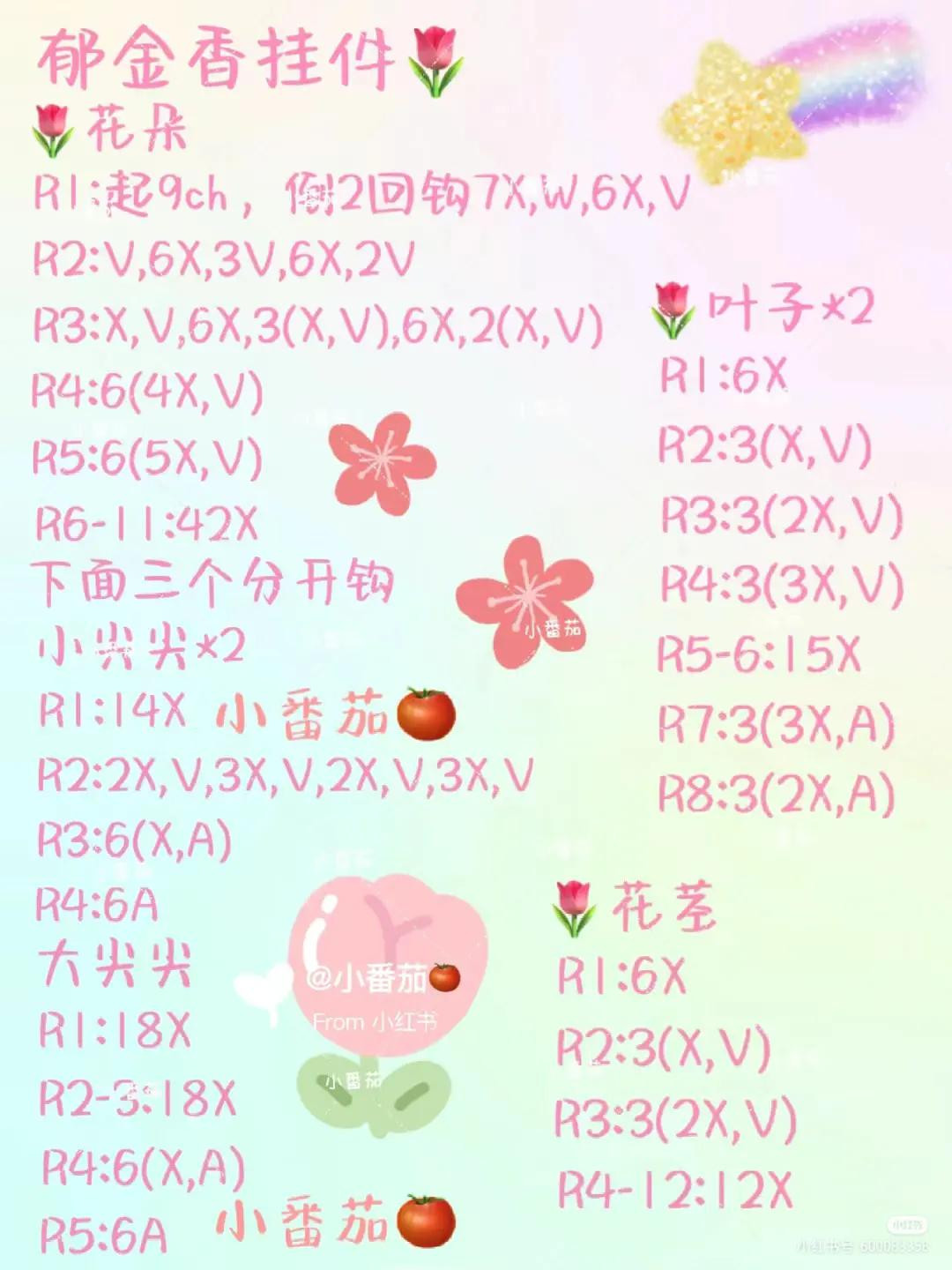 Free Crochet Tulip Keychain Pattern Chart with Detailed Instructions for Flower, Leaves and Stem