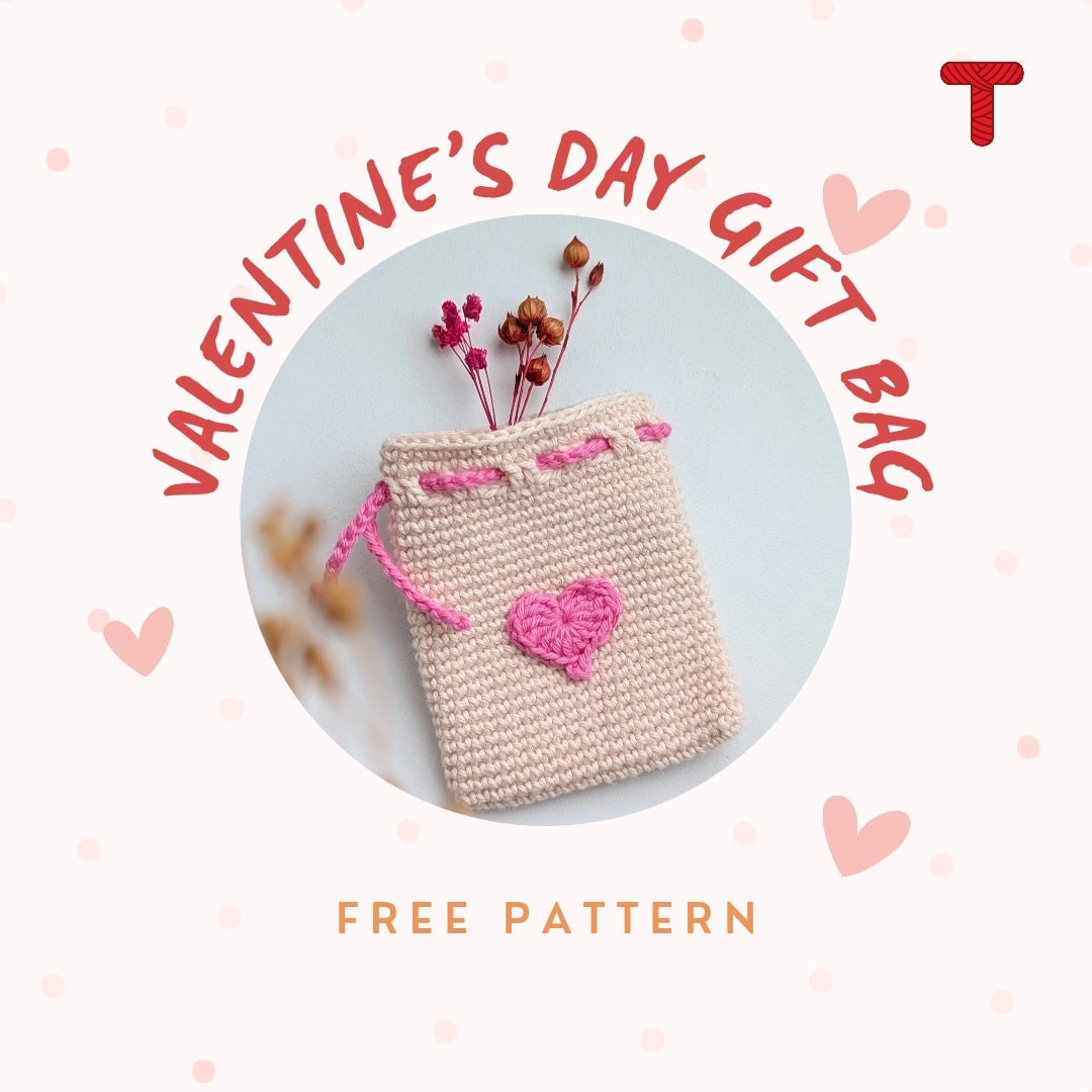 Free Crochet Valentine's Day Gift Bag Pattern with Pink Heart Decoration