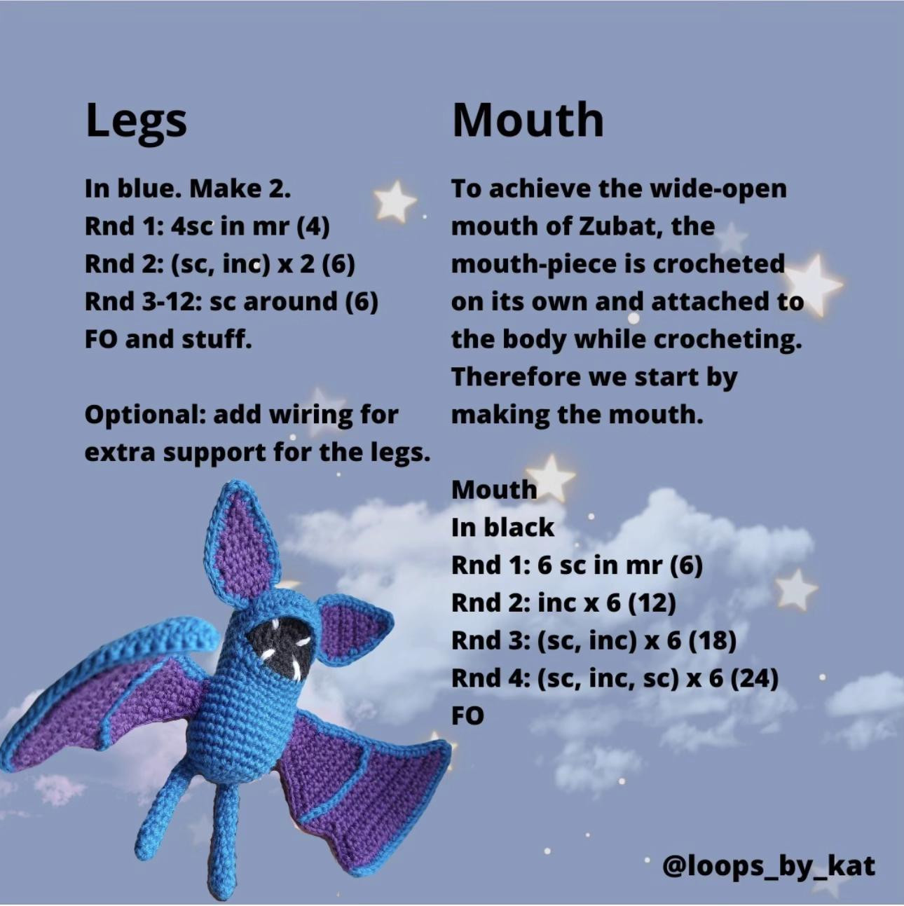 Free Crochet Zubat Pattern: Blue and Purple Bat Doll Amigurumi Tutorial