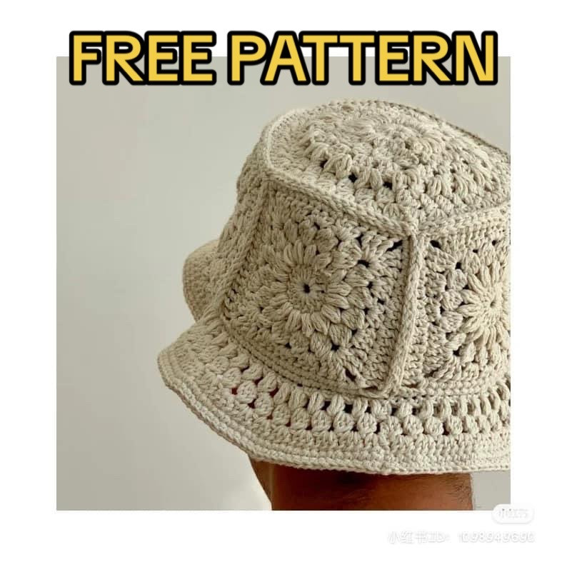 Free Pattern: Beige Crochet Granny Square Bucket Hat