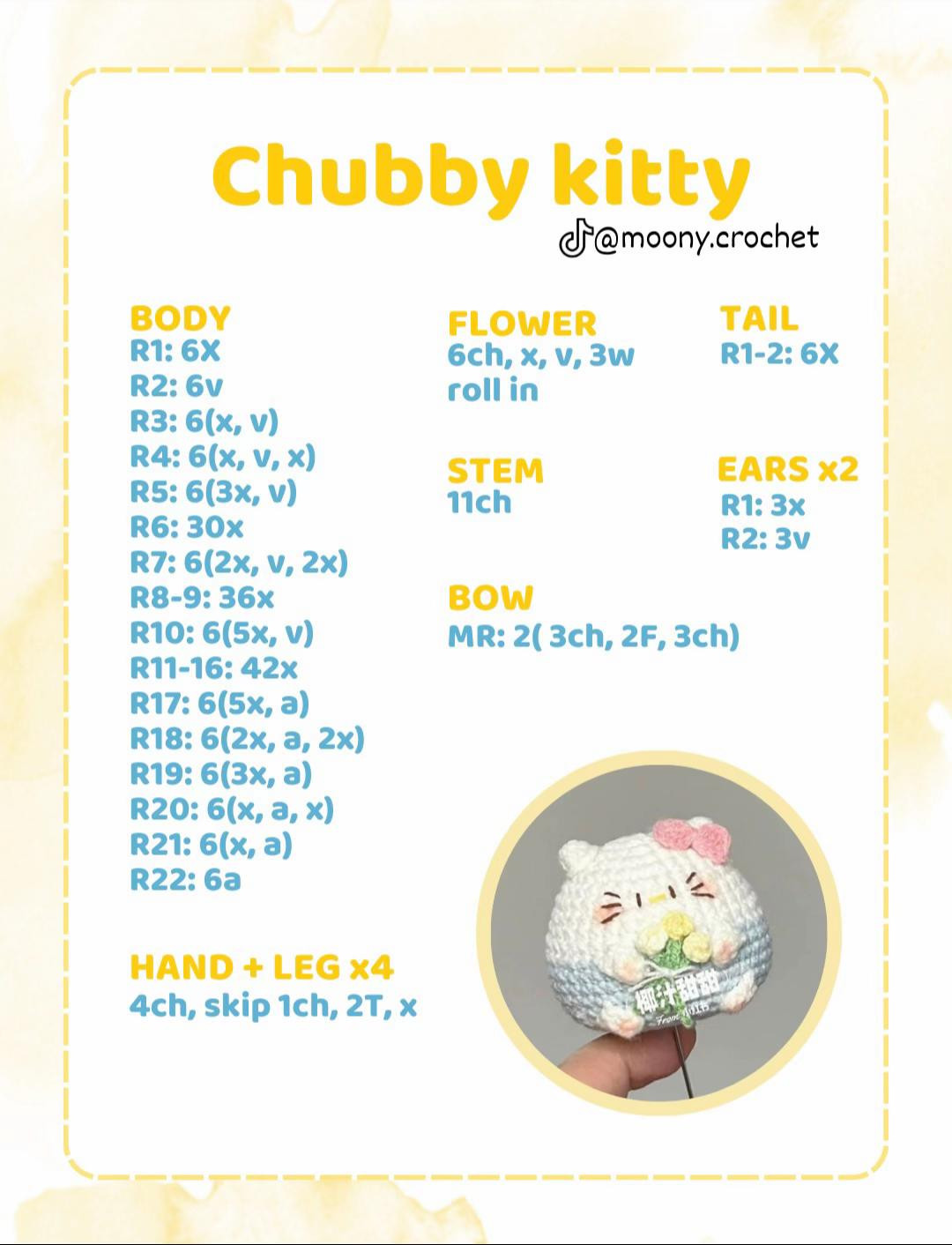 Free Pattern: Chubby Kitty Amigurumi - Cute White Cat with Pink Bow and Flowers