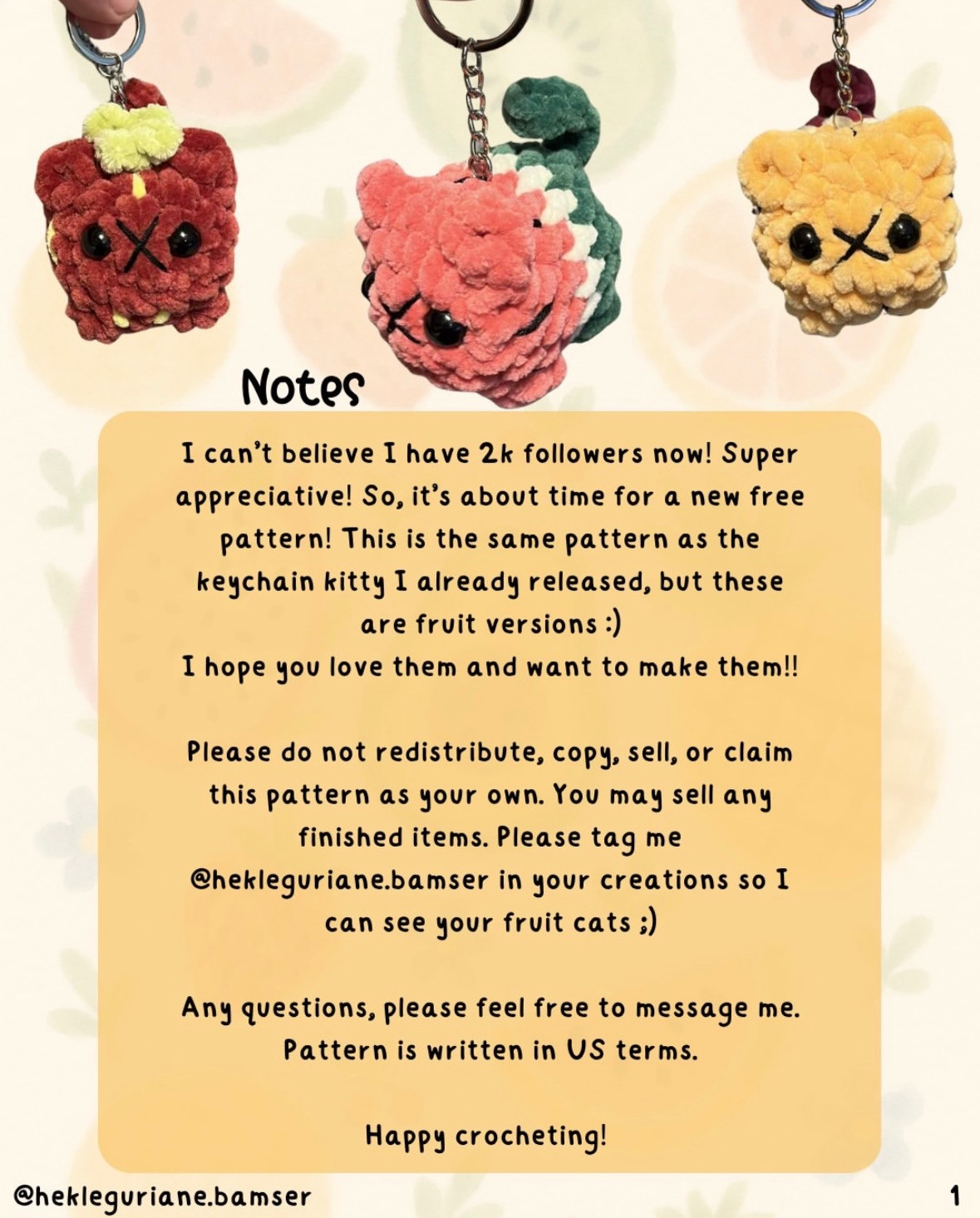 Free Pattern: Fruit Loaf Cats Keychain Amigurumi (Strawberry, Kiwi, Watermelon)