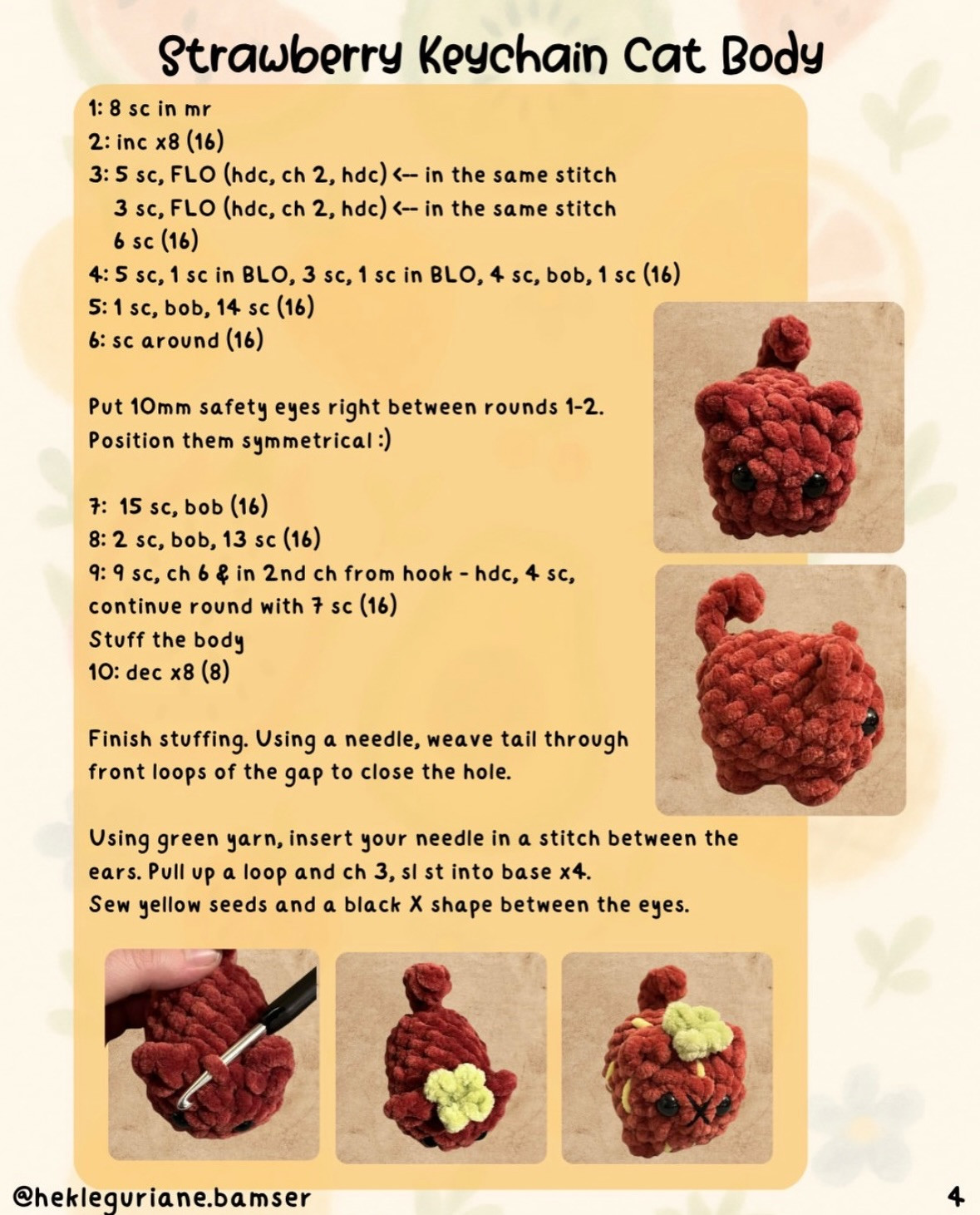 Free Pattern: Fruit Loaf Cats Keychain Amigurumi (Strawberry, Kiwi, Watermelon)