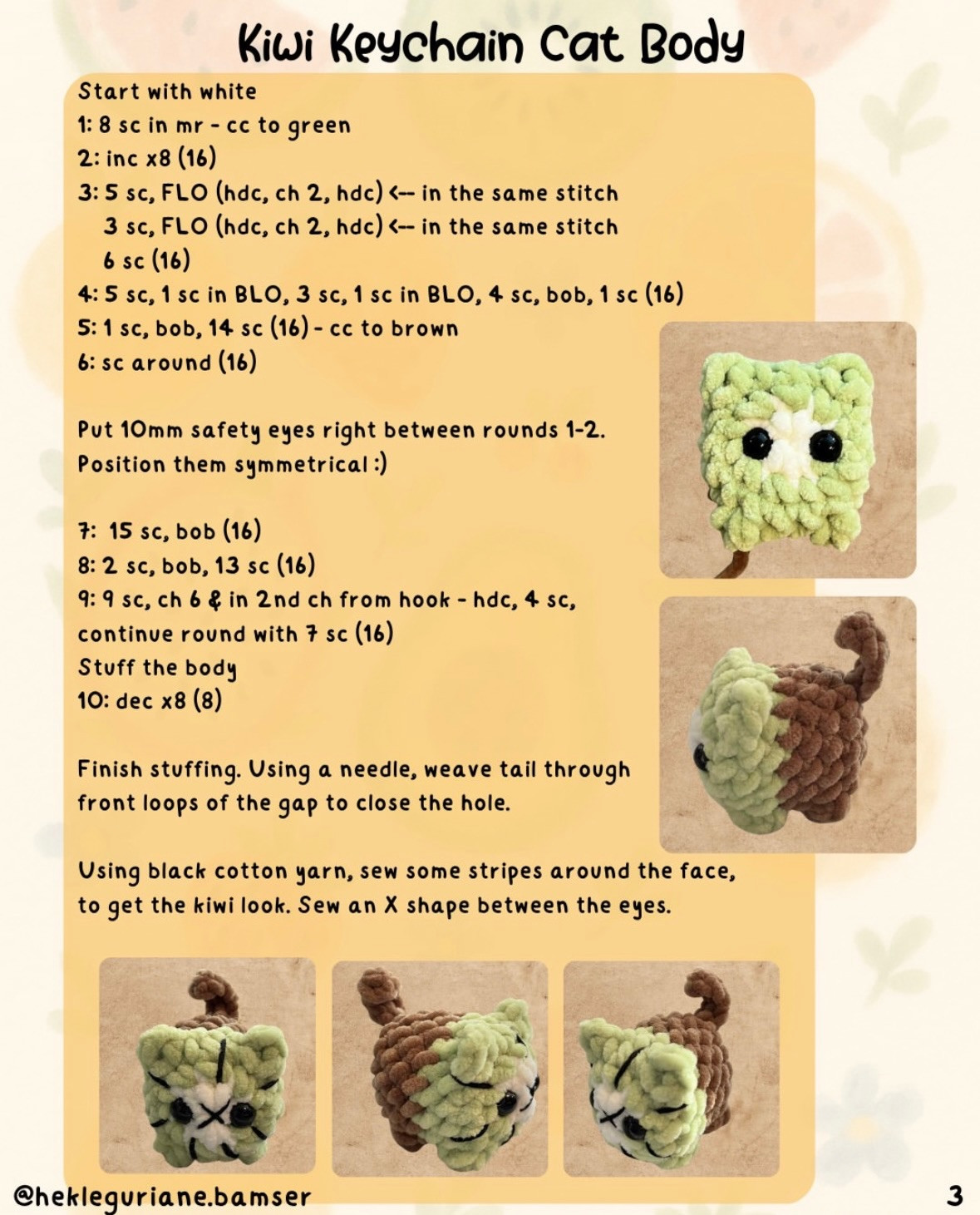 Free Pattern: Fruit Loaf Cats Keychain Amigurumi (Strawberry, Kiwi, Watermelon)